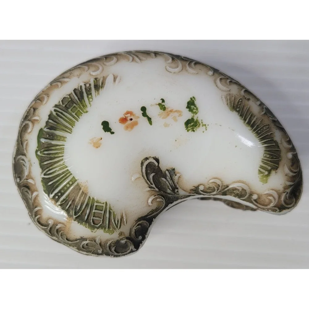 Antique Milk Glass Hand Painted Paisley Shaped Trinket Box w/ Lid RARE